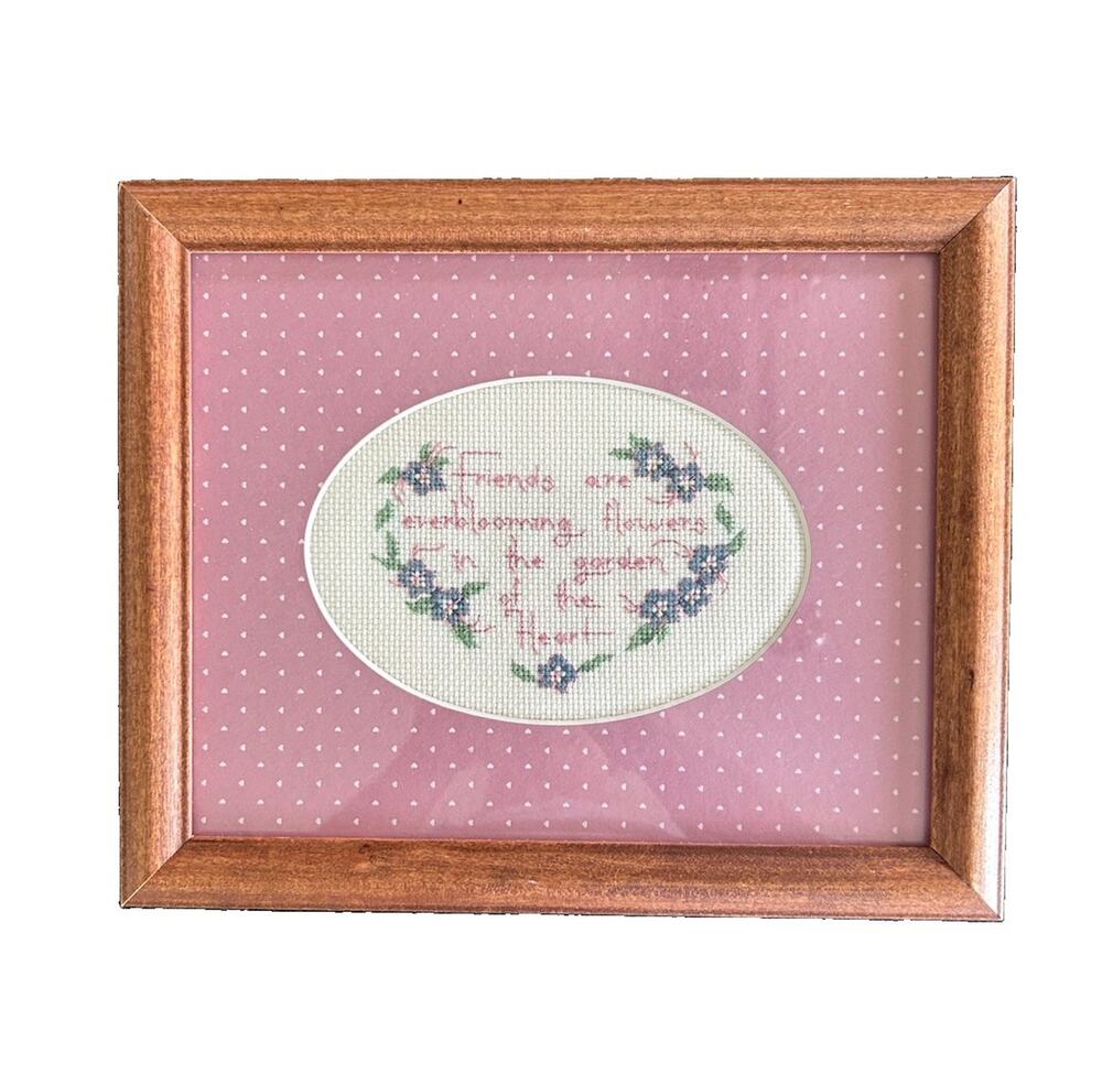 Cottage Core Framed Cross Stitch Wall Decor Quote Pink Floral 11.5”x9.5”